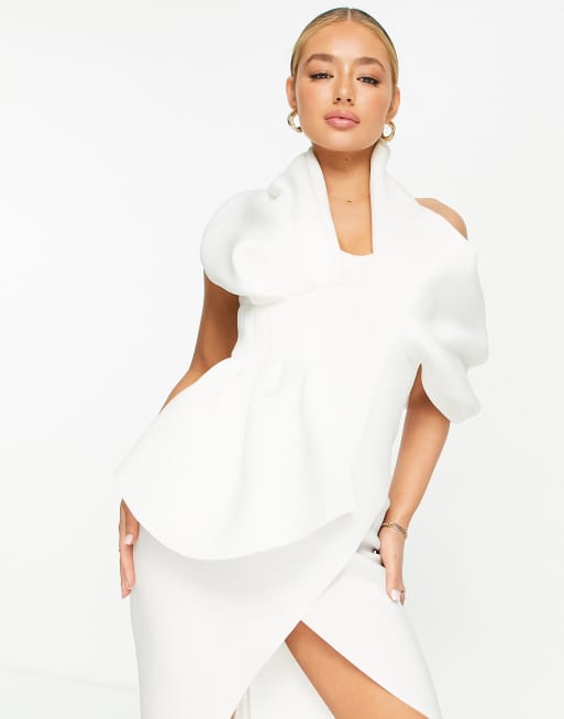 ASOS DESIGN halter off the shoulder pep hem wrap maxi dress in ivory, 3 of 4