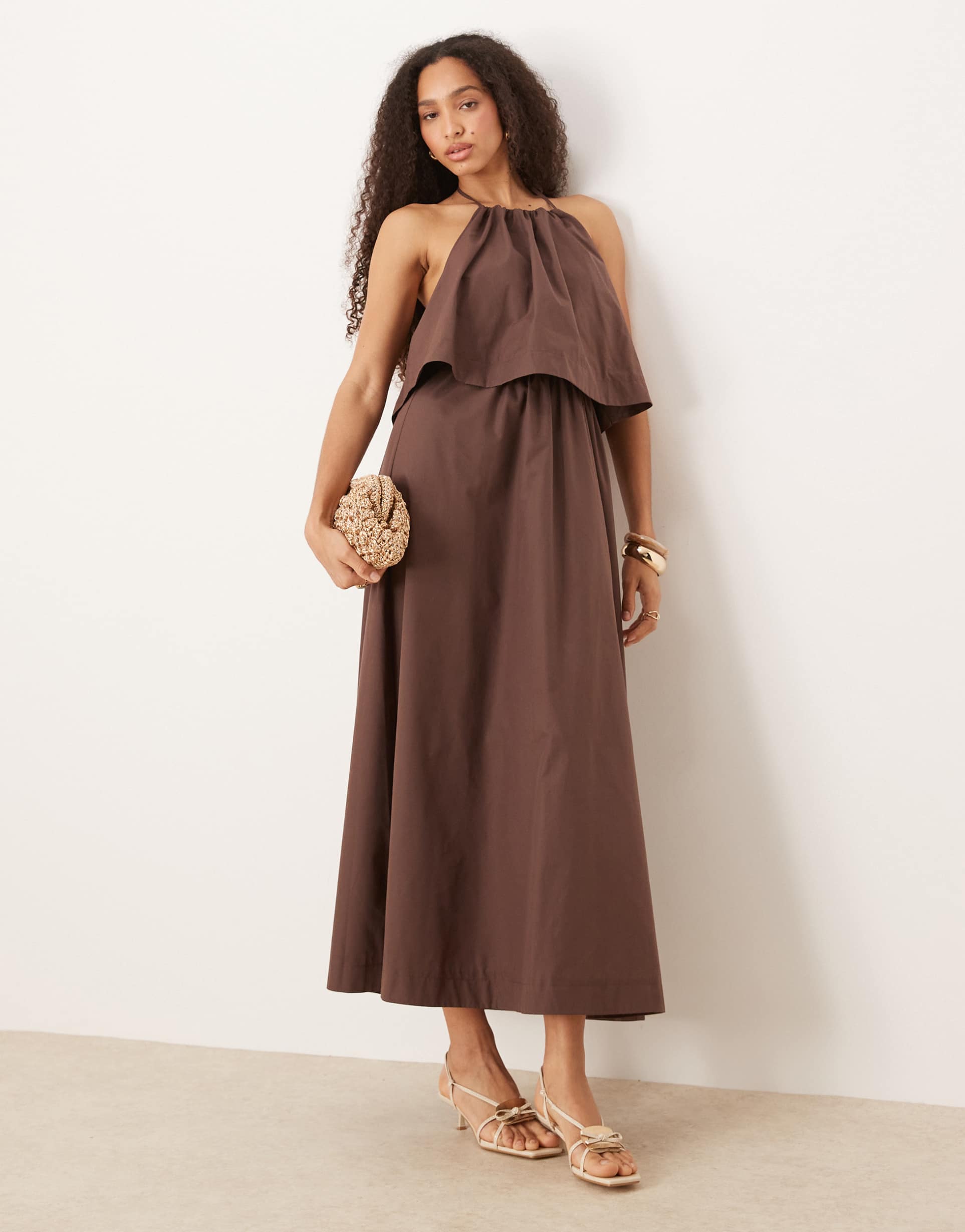 asos design halter open back double layered maxi dress in chocolate