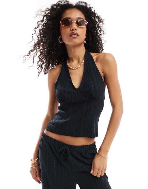 ASOS DESIGN halter open back eyelet top in black - part of a set