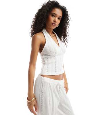 Asos Design Halter Open Back Eyelet Top In Ivory - Part Of A Set-white
