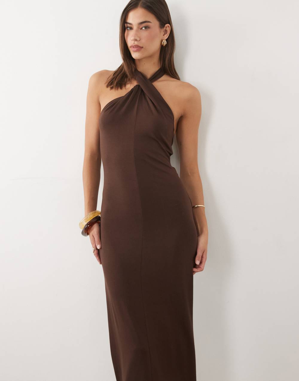 ASOS DESIGN halter open back midi dress with twisted neck detail in chocolate