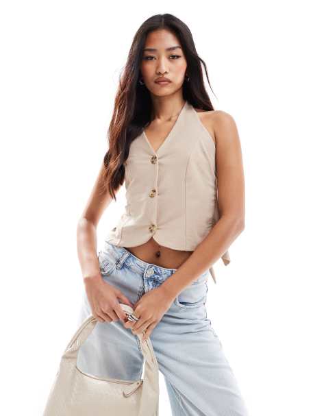 ASOS DESIGN halter open tie back linen look waistcoat in stone - view 1