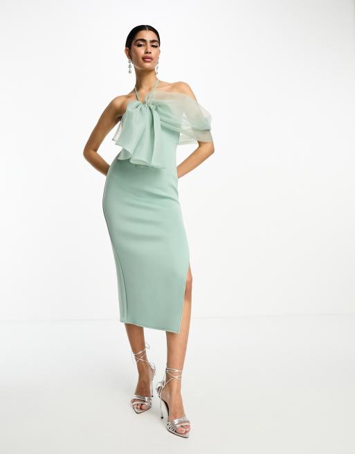 ASOS DESIGN halter organza bow detail midi dress in frosty sage