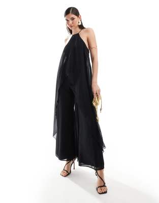 halter overlay jumpsuit in black