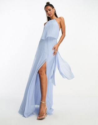 ASOS DESIGN halter overlay pleated maxi dress in blue