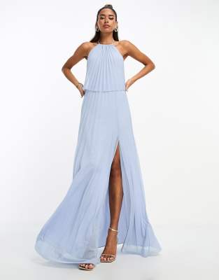 ASOS DESIGN halter overlay pleated maxi dress in blue | ASOS