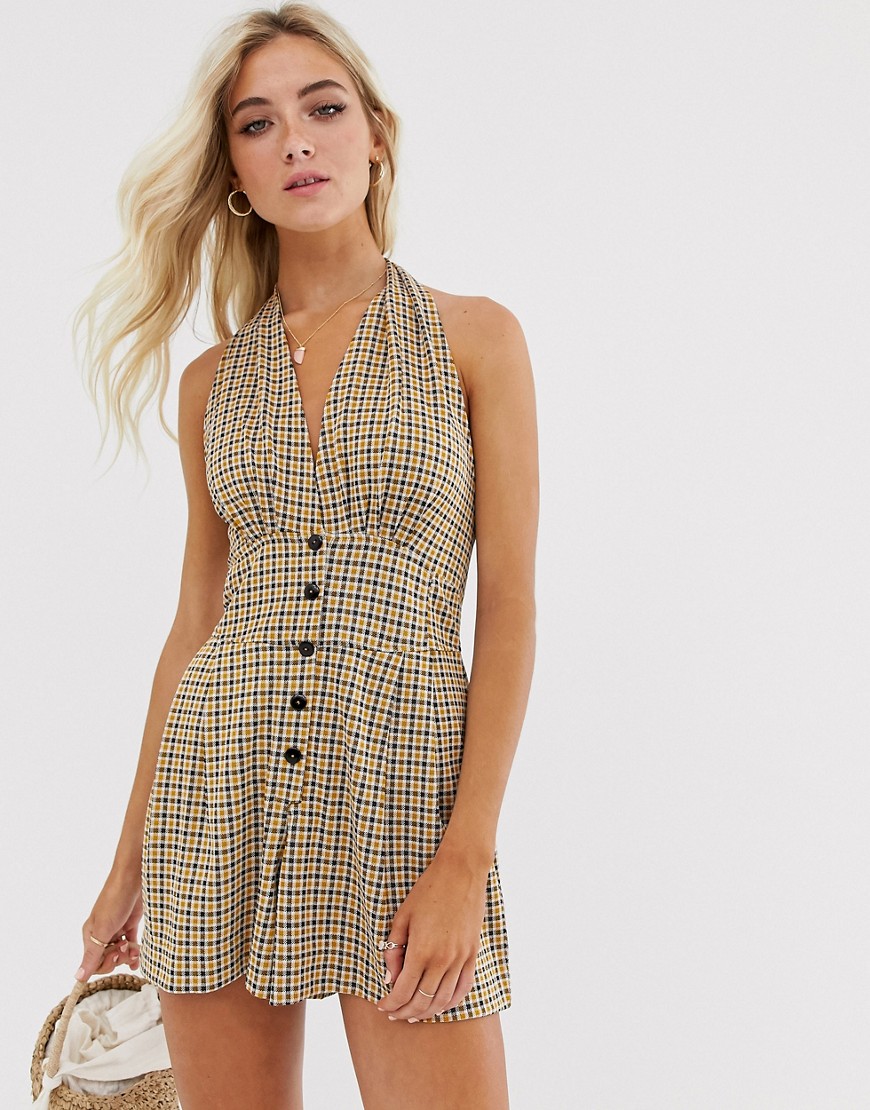 ASOS DESIGN halter playsuit with button front in check-Multi