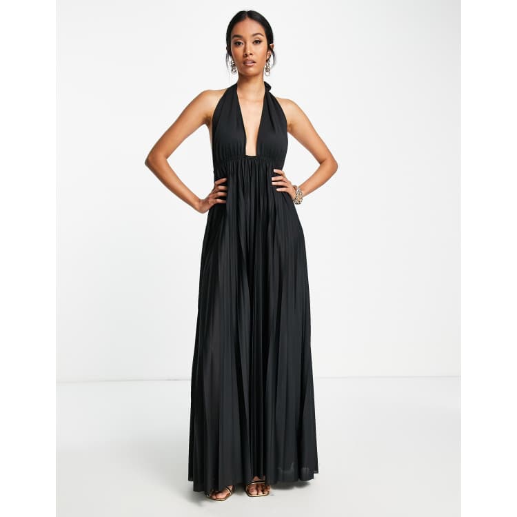 slim fit dress slacks Rent ASOS DESIGN Halter Neck Grecian Pleated Skirt Maxi Dress In Pastel  Blue