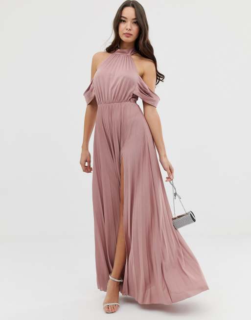 Asos Design Halter Pleated Bow Back Maxi Dress Asos