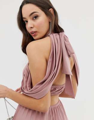 asos design halter pleated bow back maxi dress