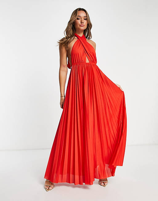 ASOS DESIGN halter pleated maxi dress in red | ASOS