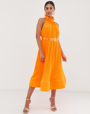 asos halter midi pleated ruffle neck dress