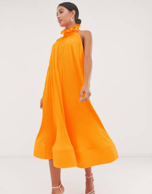 ruffle neck midi dress