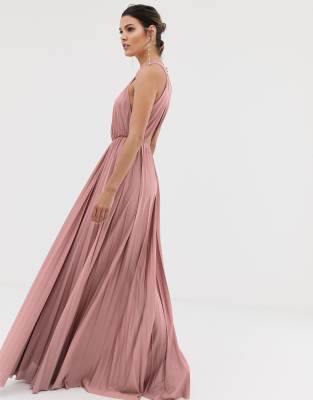 asos design halter pleated bow back maxi dress