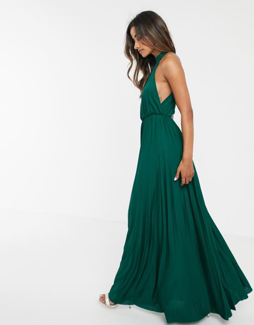 ASOS DESIGN halter pleated waisted maxi dress in forest green