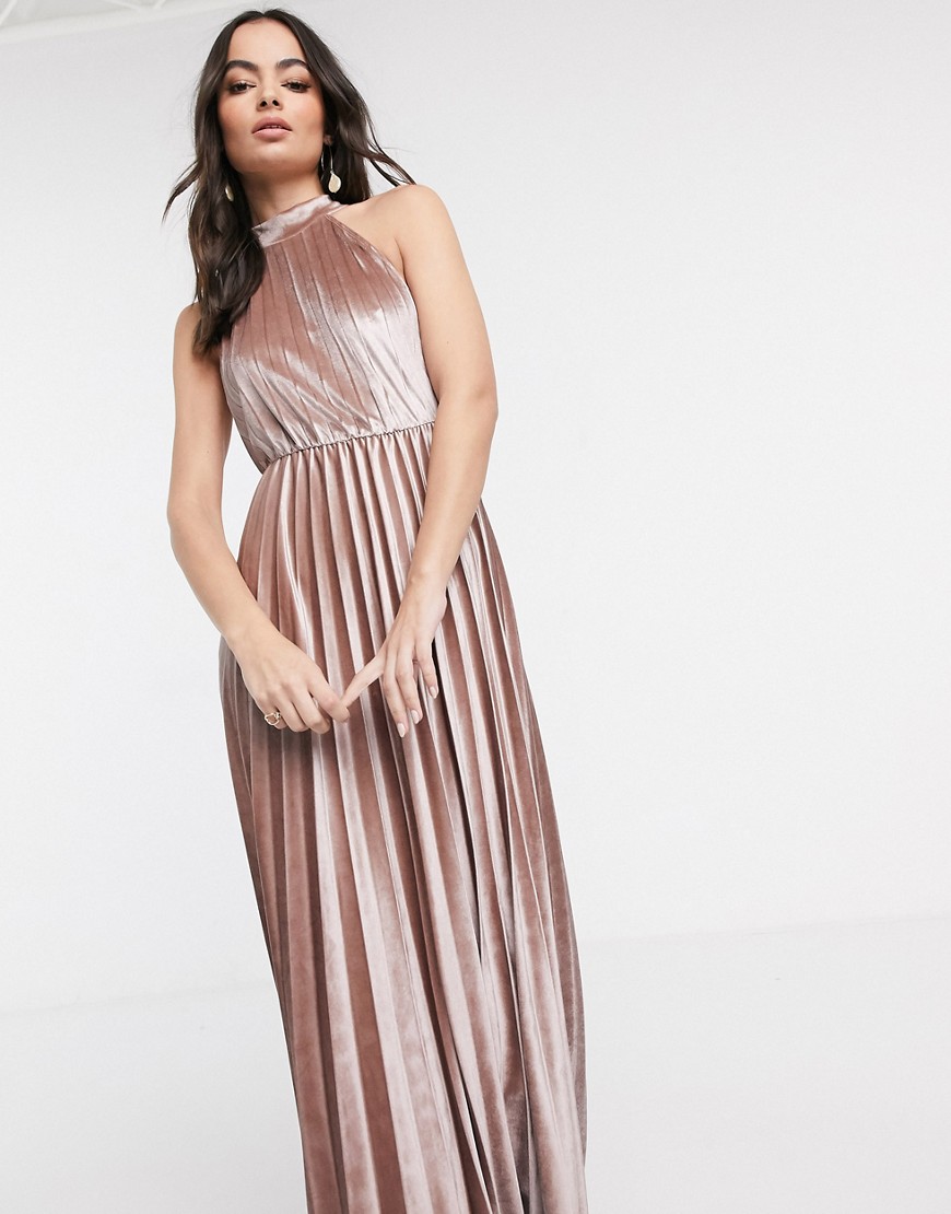 Asos Design Halter Pleated Waisted Maxi Dress In Velvet-neutral