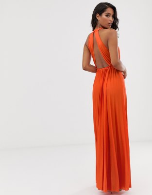asos design halter pleated bow back maxi dress