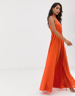 halter pleated waisted maxi dress