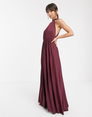 asos design halter pleated bow back maxi dress