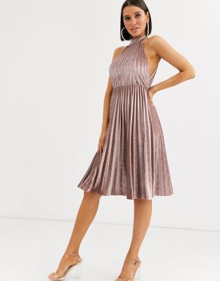 halter pleated midi dress