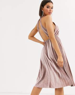 halter pleated waisted midi dress