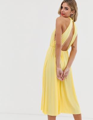 ASOS DESIGN Halter Pleated Waisted Midi Dress-Yellow