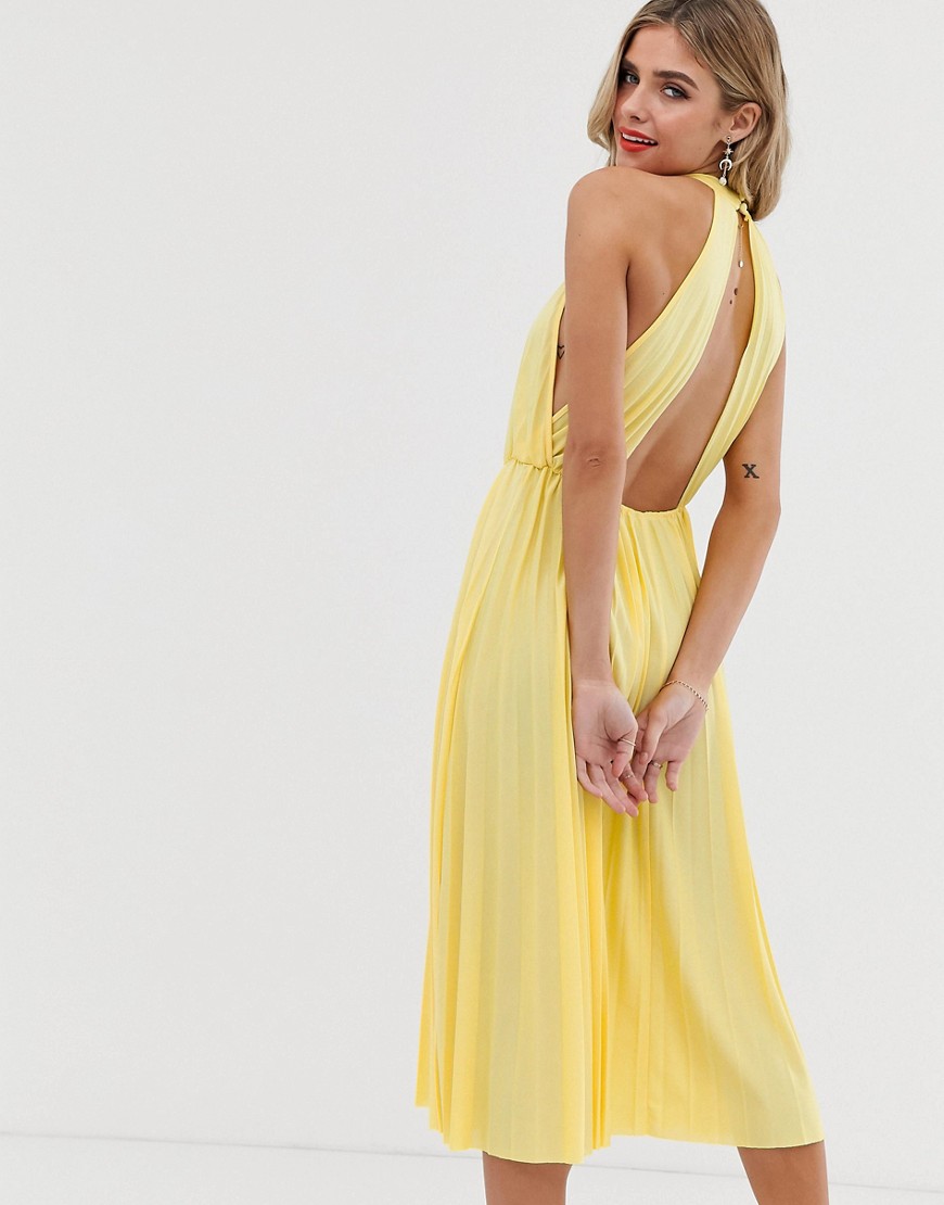 ASOS DESIGN Halter Pleated Waisted Midi Dress-Yellow