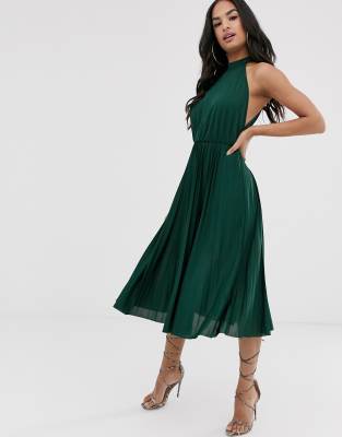 pleated halter midi dress