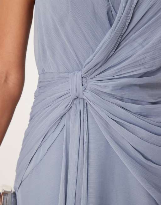ASOS DESIGN halter plunge midi dress with drape detail in dusky blue