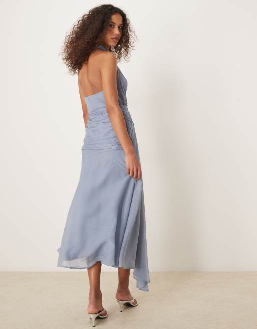 ASOS DESIGN halter plunge midi dress with drape detail in dusky blue