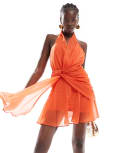[ASOS DESIGN] ASOS DESIGN halter plunge mini dress with drape detail in tomato red 18 Tomato