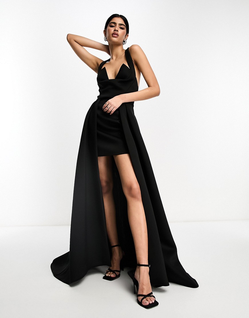 ASOS DESIGN halter premium v neck maxi dress with exaggerated outer skirt in black