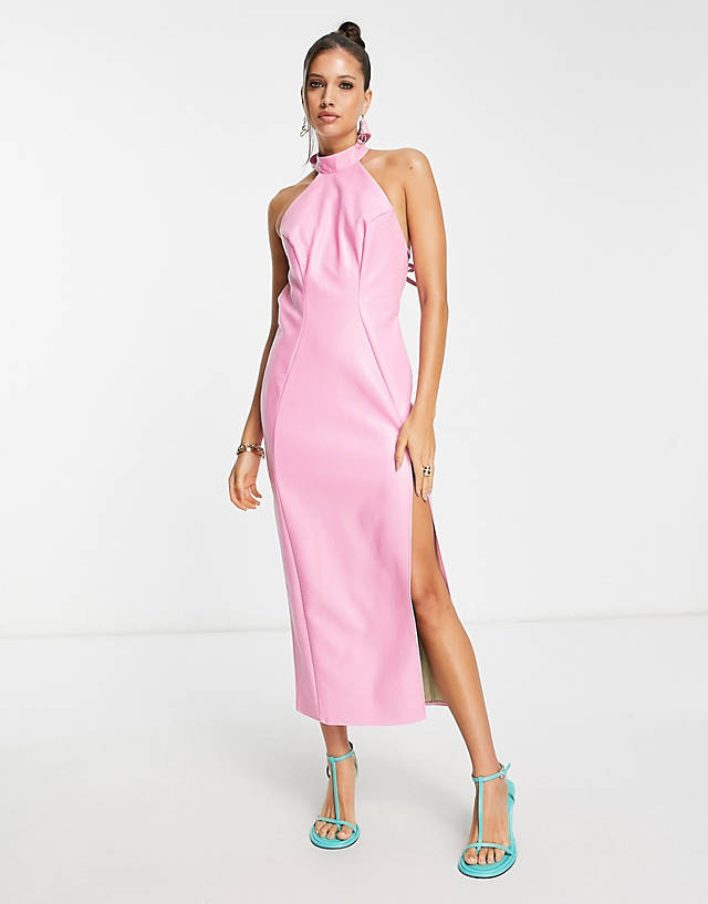 ASOS DESIGN halter PU midi dress in croc effect PU in pink