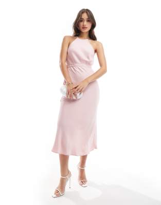 ASOS DESIGN halter racer midaxi dress with tie waist and cut out sides in soft pink