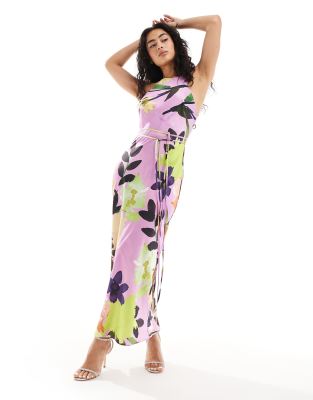 Asos Design Halter Racer Neck Midaxi Dress With Tie Waist In Bold Floral Print-multi