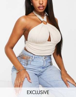 ASOS DESIGN ASOS DESIGN HALTER RING WRAP TOP IN SAND-WHITE