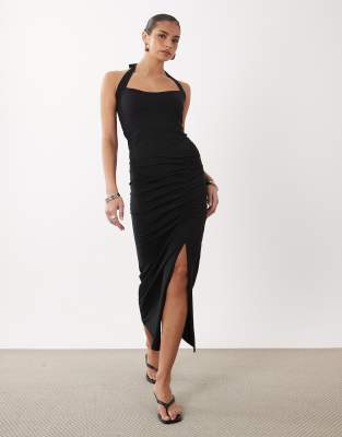 Asos Design Halter Ruched Front Midi Dress In Black