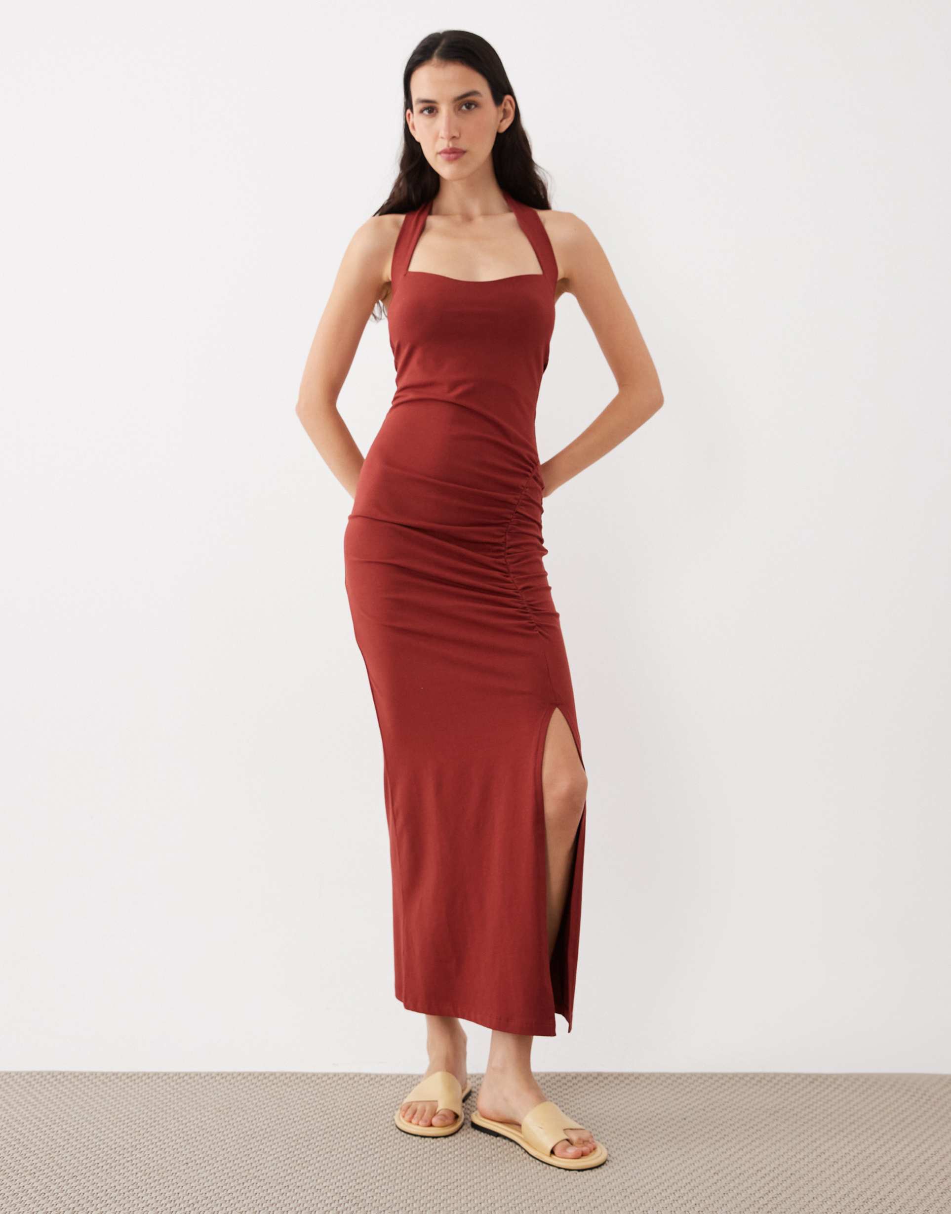 asos design halter ruched front midi dress in rust