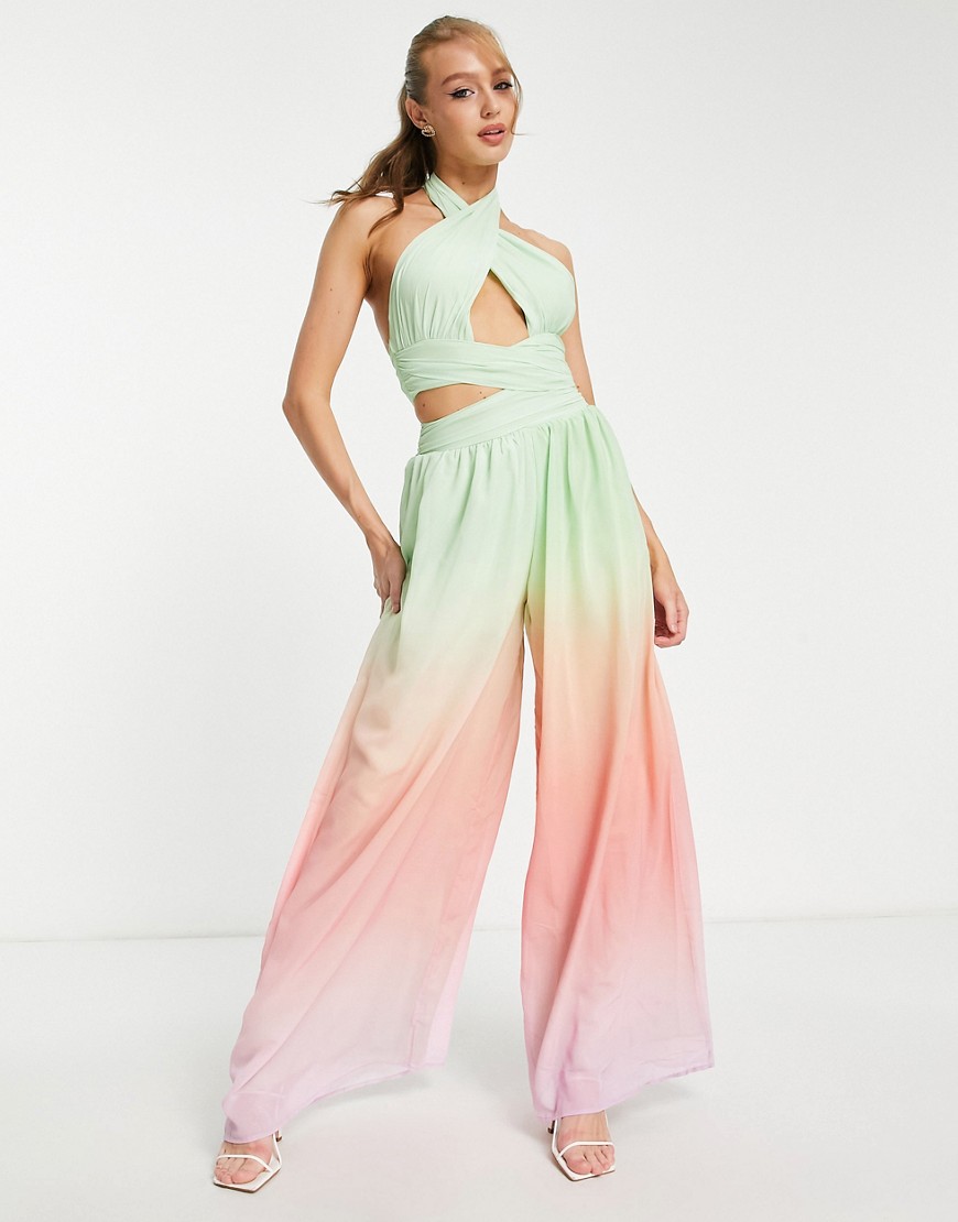 ASOS DESIGN halter ruched jumpsuit with cut out in ombre-Multi