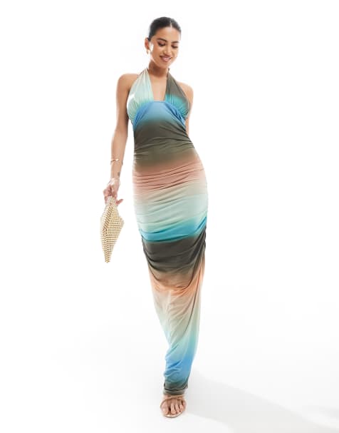 ASOS DESIGN halter ruched maxi dress in ombre print - view 1