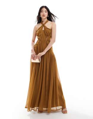 Asos Design Halter Ruched Maxi Dress With Lace Insert And Cut Out In Brown