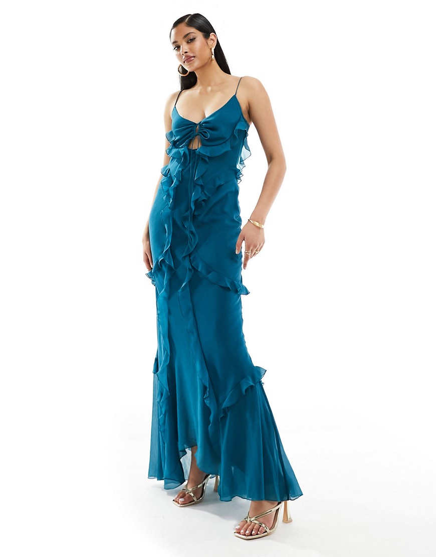 Asos Design Halter Ruffle Maxi Dress With Cut Out Detail In Teal Blue