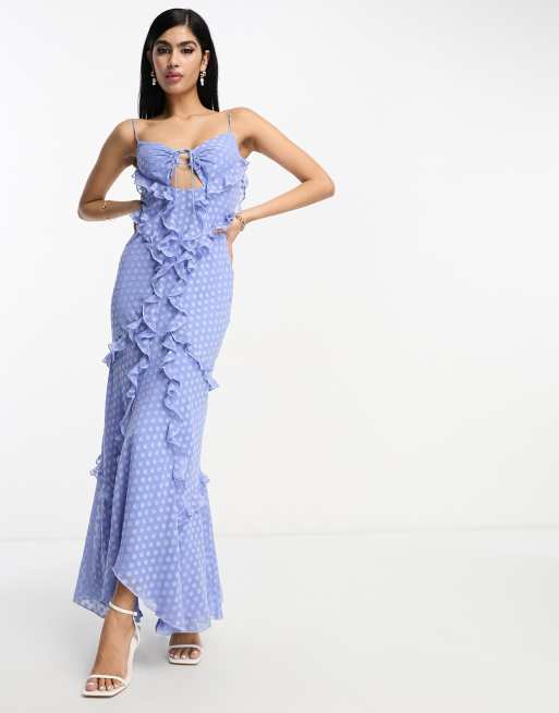 ASOS DESIGN halter ruffle maxi dress with cut out detail in textured dot in blue