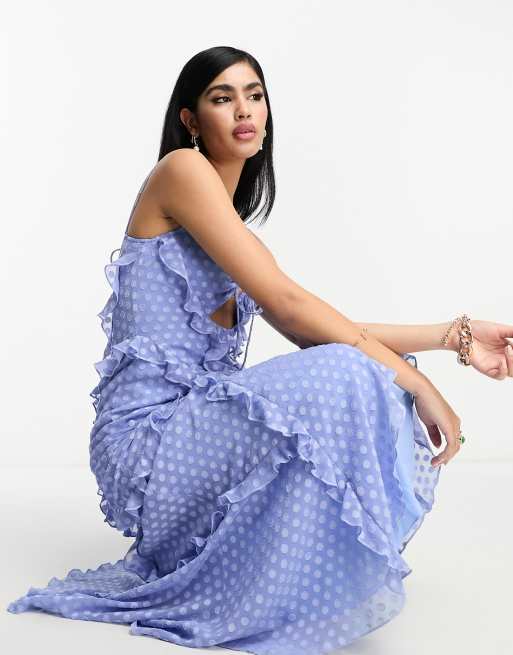 ASOS DESIGN halter ruffle maxi dress with cut-out detail in textured dot in  blue