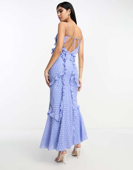 ASOS DESIGN halter ruffle maxi dress with cut-out detail in textured dot in  blue