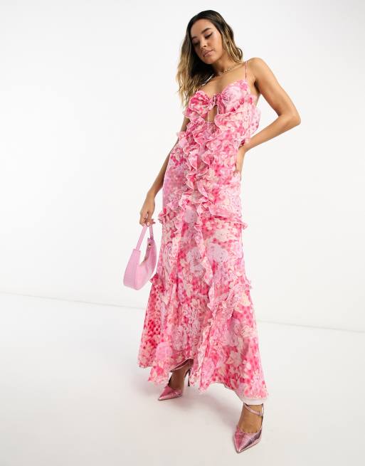 ASOS DESIGN halter ruffle maxi dress with cut out detail in textured spot  pink floral print