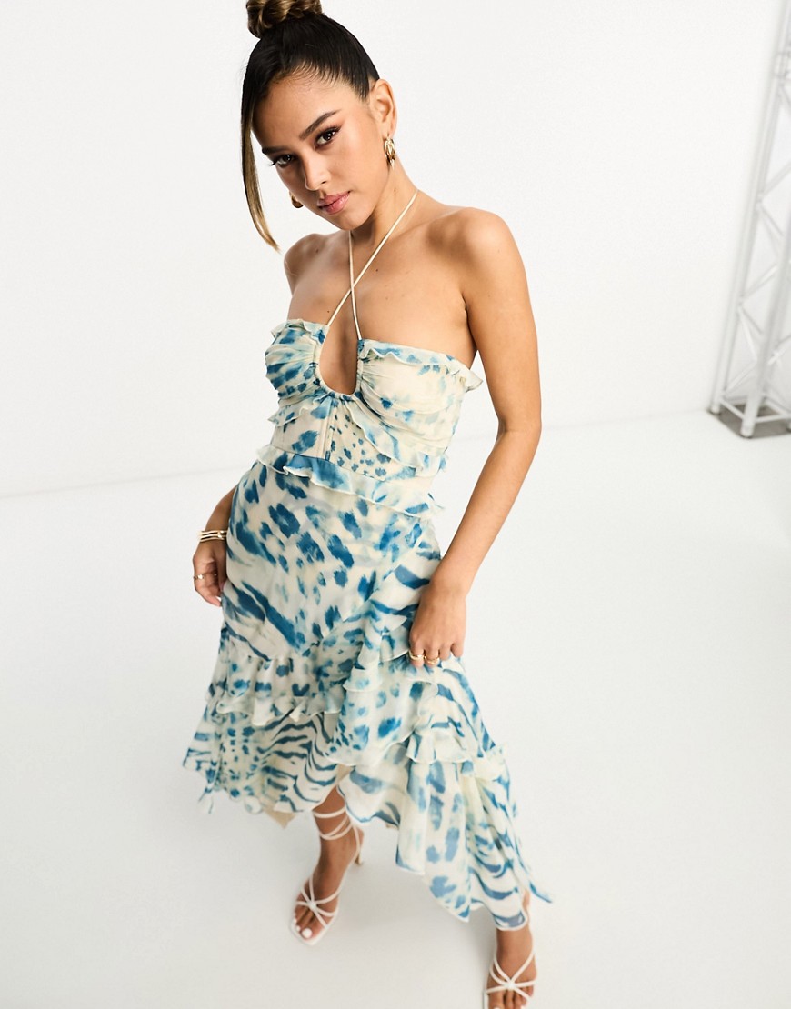 ASOS DESIGN halter ruffle maxi dress with high low hem in abstract leopard print-Multi