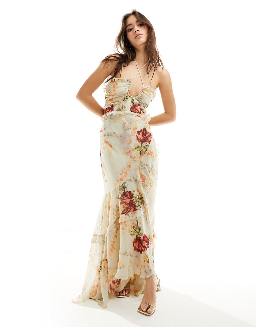 ASOS DESIGN halter ruffle maxi dress with high low hem in cream floral print-Multi
