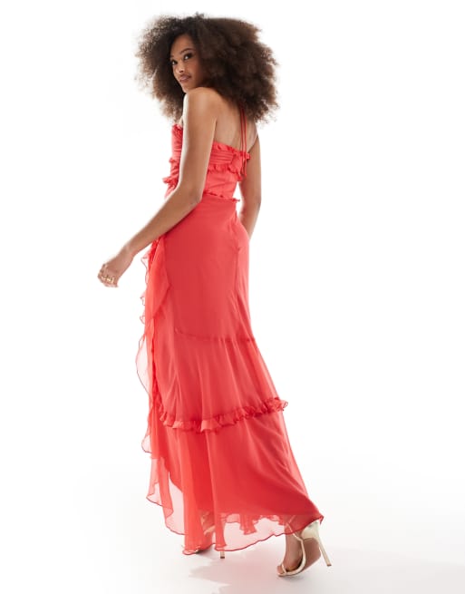 ASOS DESIGN halter ruffle maxi dress with high low hem in red