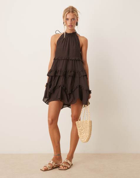 ASOS DESIGN halter ruffle mini dress with pintucks in chocolate - view 1